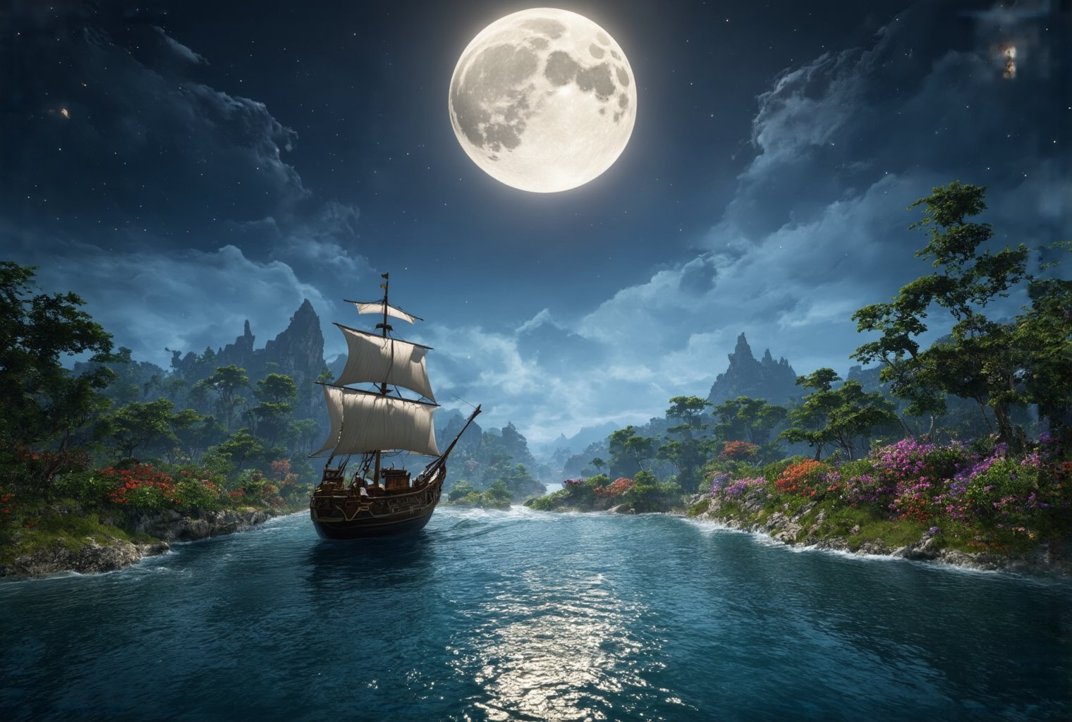 In a dreamy, surreal Unreal Engine 5 scene, a majestic arafed sailboat glides effortlessly across the tranquil ocean, under the soft glow of a full moon suspended in the dark blue sky. The fantasy forest landscape unfolds like a tapestry, with lush greenery and vibrant flowers swaying gently in the breeze. In the distance, the cinematic Silk Road landscape stretches out, its ancient architecture and mystical energy radiating an otherworldly aura. Trending on CGSociety, this breathtaking 4K image is perfect for an iPhone background or Skyrim mod, transporting viewers to a world of wonder and magic.