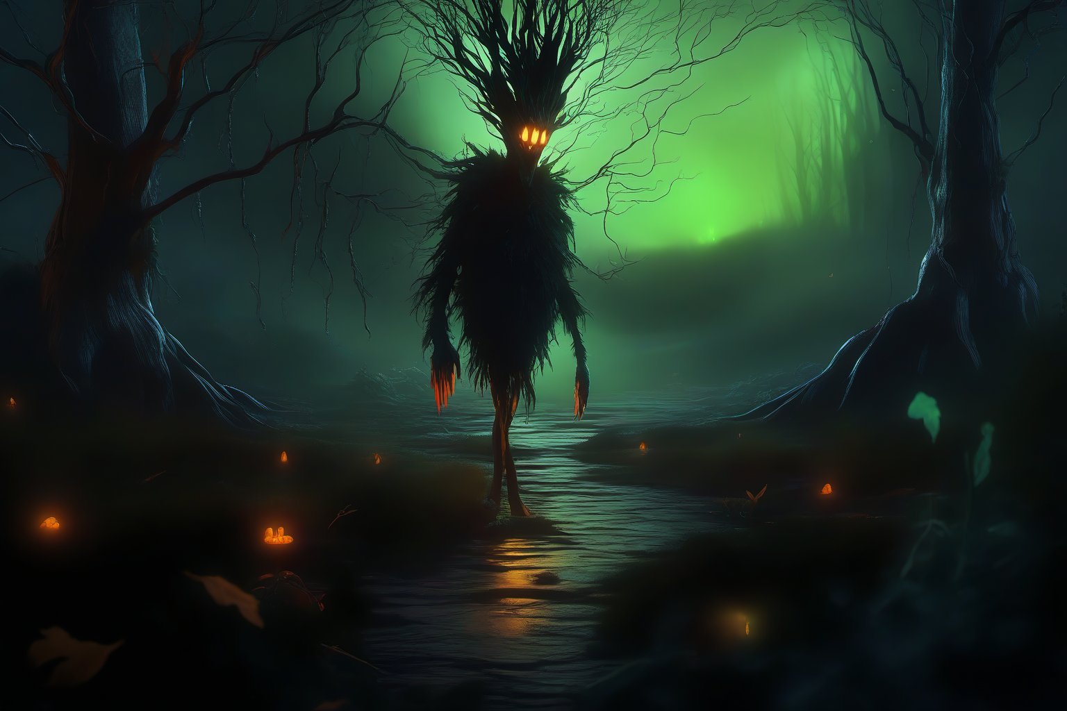 A humanoid mutant carrot, carrot, stands amidst a dark and eerie forest at dawn. The character's grotesque features are illuminated by an unsettling greenish glow emanating from the surrounding foliage. Zanahoria wears a clown's shoes, adding to the sense of unease. Its sinister face is contorted in a perpetual scowl, as if plotting malevolent deeds. The camera frames this bizarre scene with a low-angle shot, emphasizing carrot's imposing presence amidst the mist-shrouded trees.