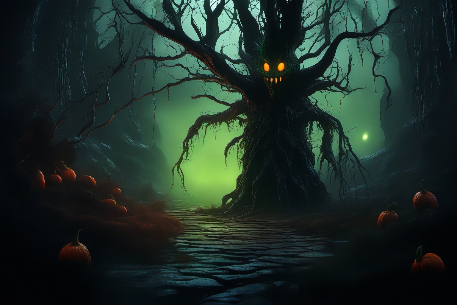 A humanoid mutant carrot, carrot, stands amidst a dark and eerie forest at dawn. The character's grotesque features are illuminated by an unsettling greenish glow emanating from the surrounding foliage. Zanahoria wears a clown's shoes, adding to the sense of unease. Its sinister face is contorted in a perpetual scowl, as if plotting malevolent deeds. The camera frames this bizarre scene with a low-angle shot, emphasizing carrot's imposing presence amidst the mist-shrouded trees.