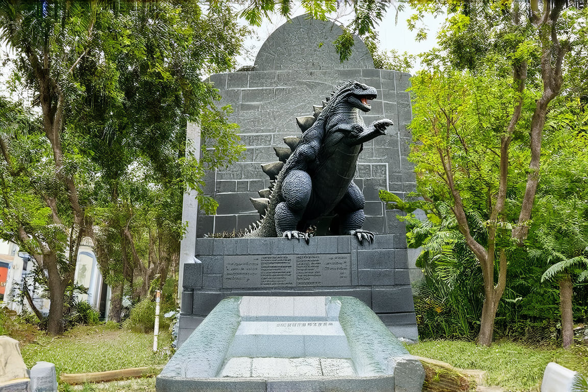 Epitaph of a gigantic tomb that says Godzilla is here