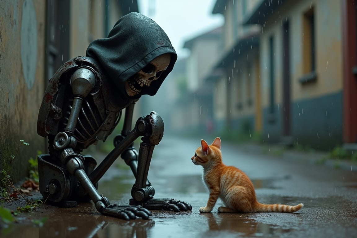 A abandoned terminator robot skeleton, covered in a hood, sits abandoned in a rain-soaked back alley. The weathered metal contrasts with the damp pavement, creating an eerie atmosphere. A curious kitten cautiously explores the skeleton's legs, its fur glistening with raindrops. The overall ambiance of the image is both melancholic and mysterious, evoking a sense of abandonment and the passage of time.