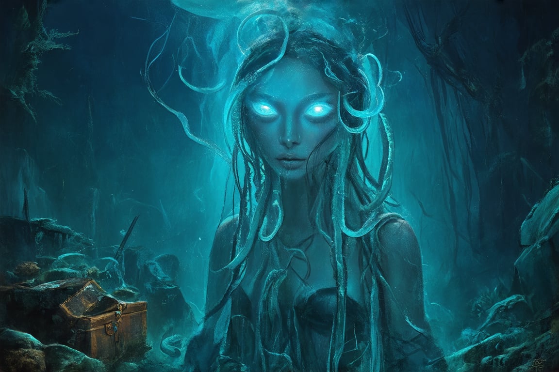 A hauntingly lit underwater lair reveals a grotesque sea-witch, her bulbous eyes glowing like bioluminescent jellyfish. Tentacles writhe from her shoulders like snakes, as she contemplates her next victim amidst the wreckage of sunken ships and coral-encrusted treasure chests. The water's murky veil distorts her features, making her already hideous visage seem even more monstrous.