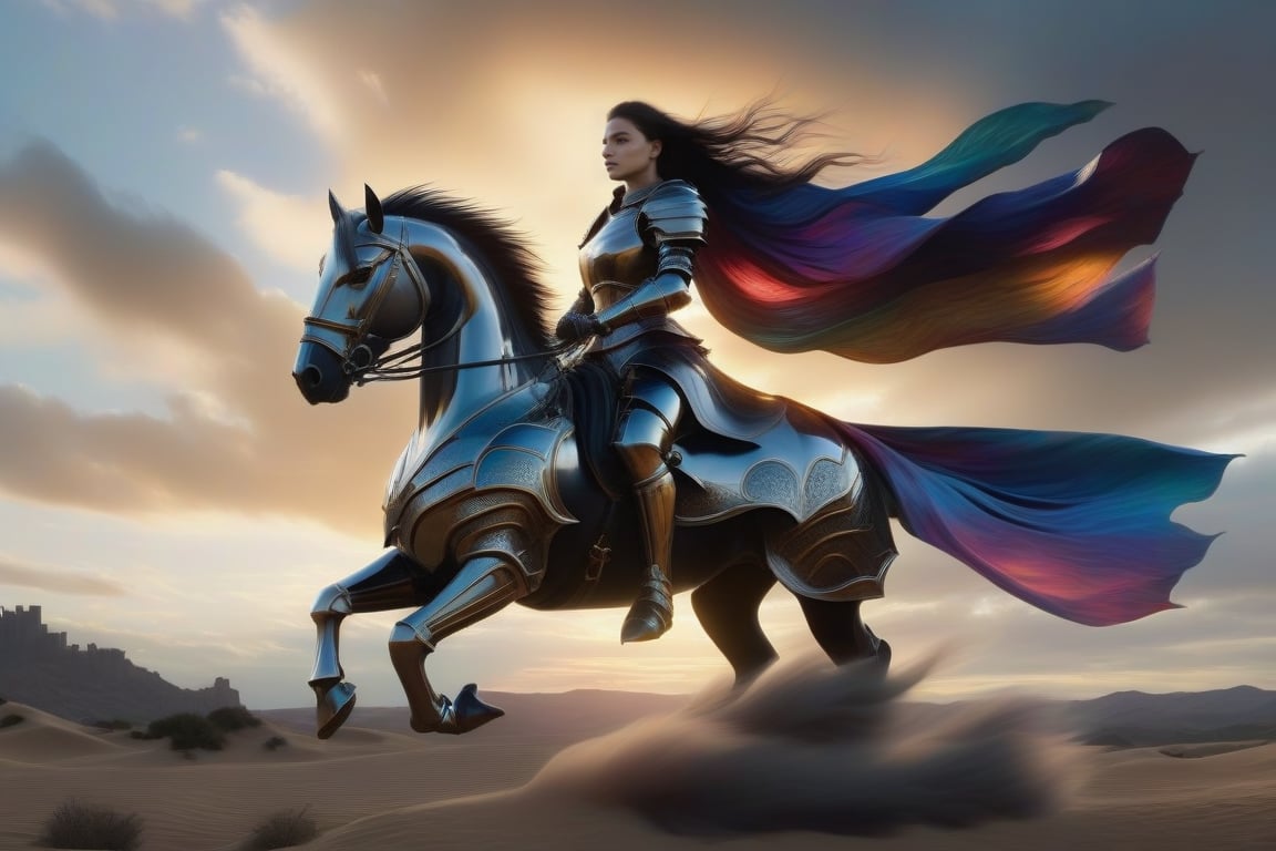 In a majestic, high-concept scene, a medieval herald woman in dark armor rides a horse against a dramatic, triadic-colored sky. Her dark hair flows wildly, punctuated by punk-inspired spikes, as her gaze meets the camera's. The frame is divided into perfect golden ratio proportions, with the subject positioned at the apex. Soft natural lighting casts subtle shadows, while volumetric lighting adds depth and dimensionality. Every detail, from the intricate armor plating to the woman's smooth skin, is rendered in hyper-realistic 8K detail, as if painted by Caravaggio or Greg Rutkowski. The overall effect is a masterpiece of cinematic concept art, perfect for trending on ArtStation and CGSociety.