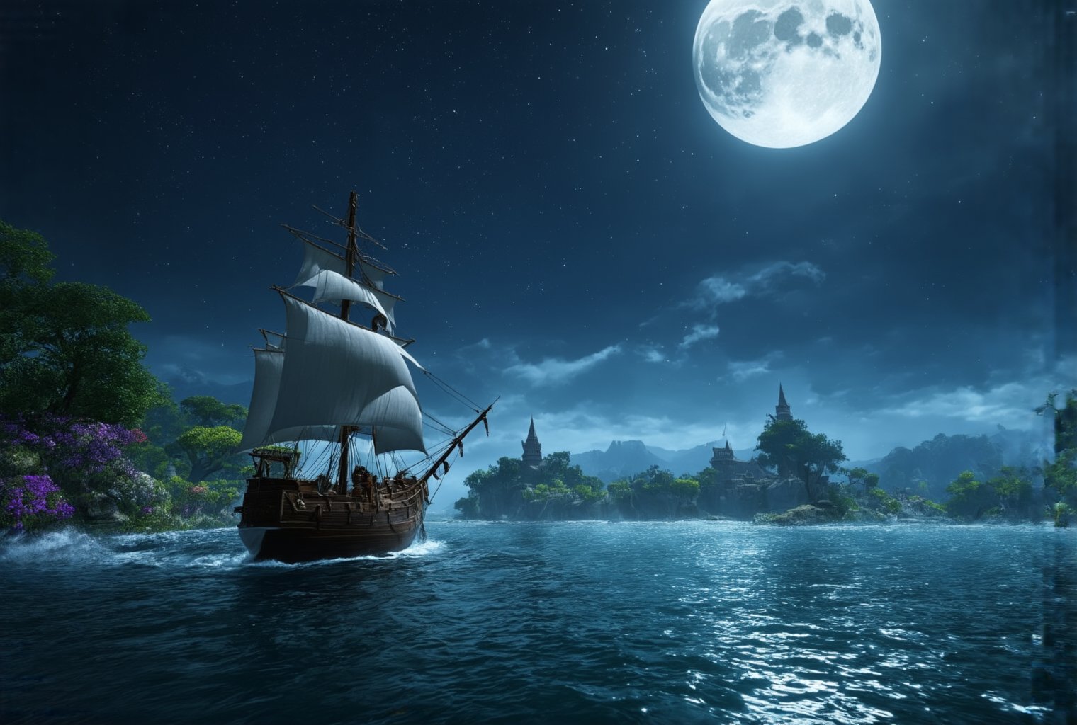 In a dreamy, surreal Unreal Engine 5 scene, a majestic arafed sailboat glides effortlessly across the tranquil ocean, under the soft glow of a full moon suspended in the dark blue sky. The fantasy forest landscape unfolds like a tapestry, with lush greenery and vibrant flowers swaying gently in the breeze. In the distance, the cinematic Silk Road landscape stretches out, its ancient architecture and mystical energy radiating an otherworldly aura. Trending on CGSociety, this breathtaking 4K image is perfect for an iPhone background or Skyrim mod, transporting viewers to a world of wonder and magic.