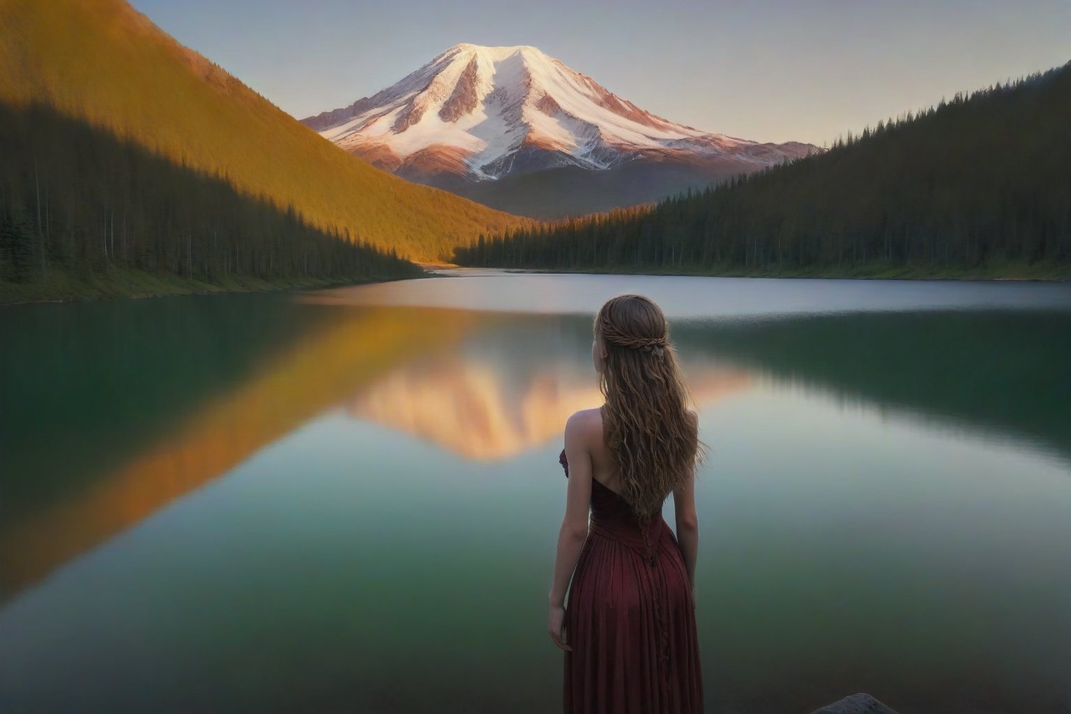 A girl stands at the edge of a serene lake, gazing up at the majestic Mount Venus in the distance. The soft glow of sunset casts a warm light on her face, illuminating her wonder as she takes in the breathtaking view of the mountain's snow-capped peak and lush greenery. Her hair flows gently in the breeze, framing her peaceful expression.