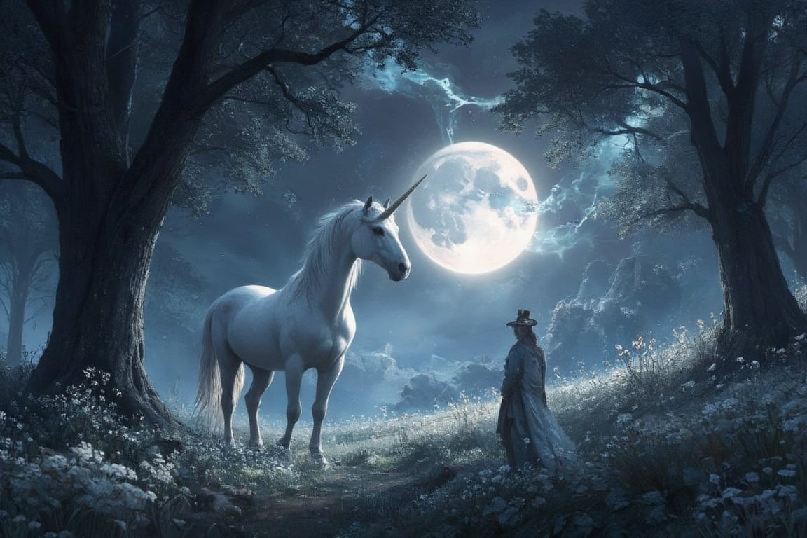 Masterpiece, professional, award-winning, intricate details, ultra high detailed, 64k, dramatic light, volumetric light, Enchanting, moonlit glade with a gentle unicorn and shimmering will-o'-the-wisps, realistic, magical, mystical creatures, idyllic, serene, ethereal, (mythical presence:1.4), wildflowers, moonbeams, ancient trees, soft glow, harmonious realm, tranquil beauty, 8k,ek_art_b00ster,anime,illustrated,