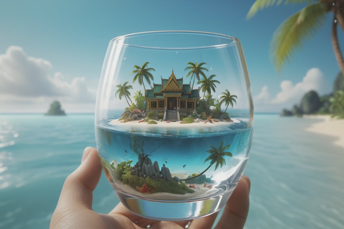 camboya, magic realism , epic, ((Magic realism)) extreme close-up, ((island with beach scene miniature inside a drinking_glass of water)) fantastic surrealism," 64k, highly detailed, UHD, HDR, octane render, whimsical scene of size juxtaposition. Playfully surreal, intricate details,"
"magic realism, photorealistic rendering, soft lighting, vibrant colors, ,magic realism, epic, size play, vivid magic realism by Hans-Werner Sahm and Marc Adamus, 64K, UHD, HDR, octane render, 3d render, depth by atmosphere, great color range""