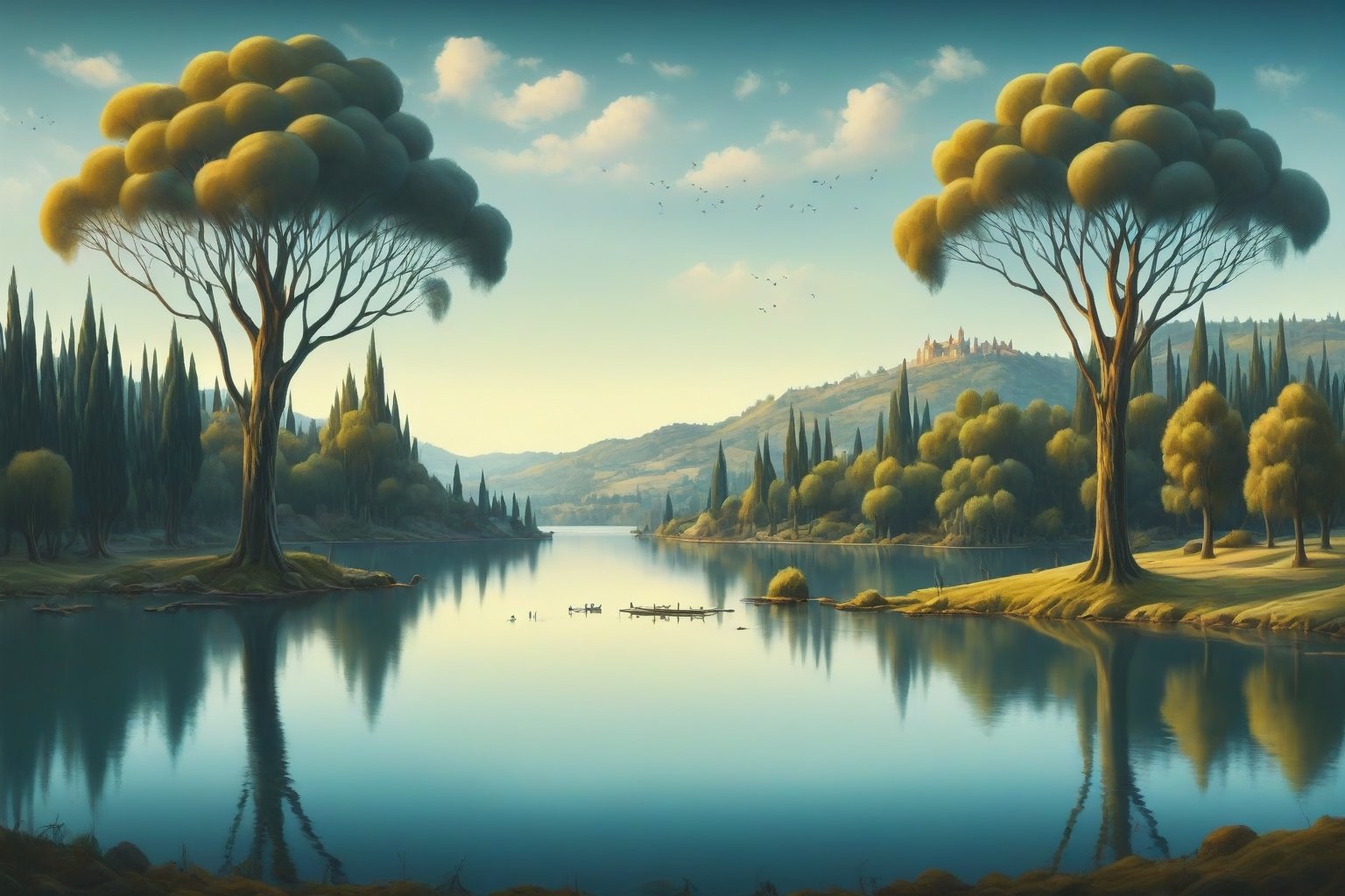 a landscape of a lake with trees, type of painting in the style of Salvador Dali and Tim Burton, soft light and very detailed texture, at 4 k full resolution and a spectacular artistic design