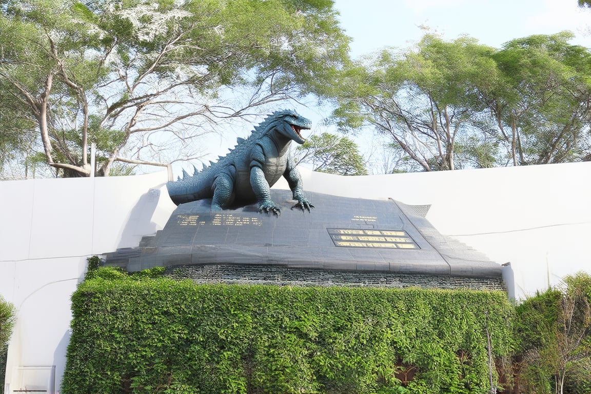 Epitaph of a gigantic tomb that says Godzilla is here