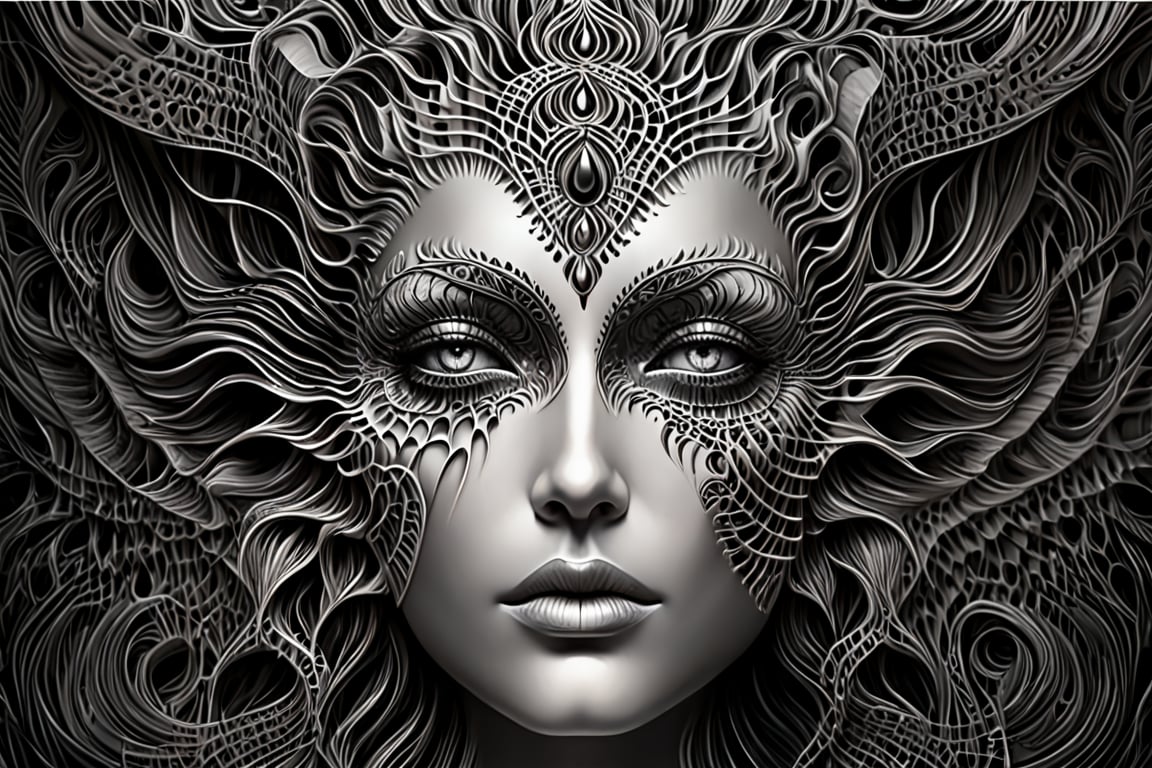 (Black and white, intricate details, close-up of a woman's face with an intricate design, 3DCGI anime fantasy artwork, necro, detailed patterned skin, abstract fragments, impressive eyes, mixed media, 3D rendering Silver painting, symmetrical beauty, ambient occlusion rendering, psytrance), Detailed Textures, high quality, high resolution, high Accuracy, realism, color correction, Proper lighting settings, harmonious composition, Behance works,ct-niji2,xxmix_girl,goth person