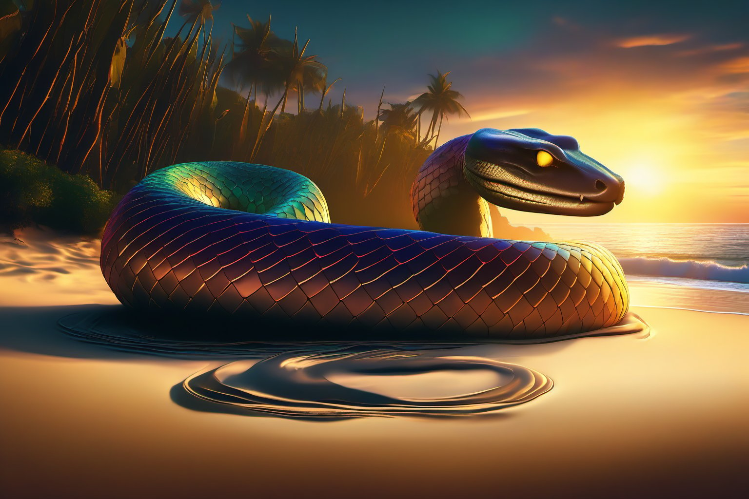 A majestic giant snake with vibrant striped scales slithers across a sandy beach, its body undulating in harmony with the rhythmic waves crashing against the shore. Warm sunlight casts a golden glow on its scaly skin, accentuating the iridescent colors of its stripes as it raises its head to survey its tropical surroundings.