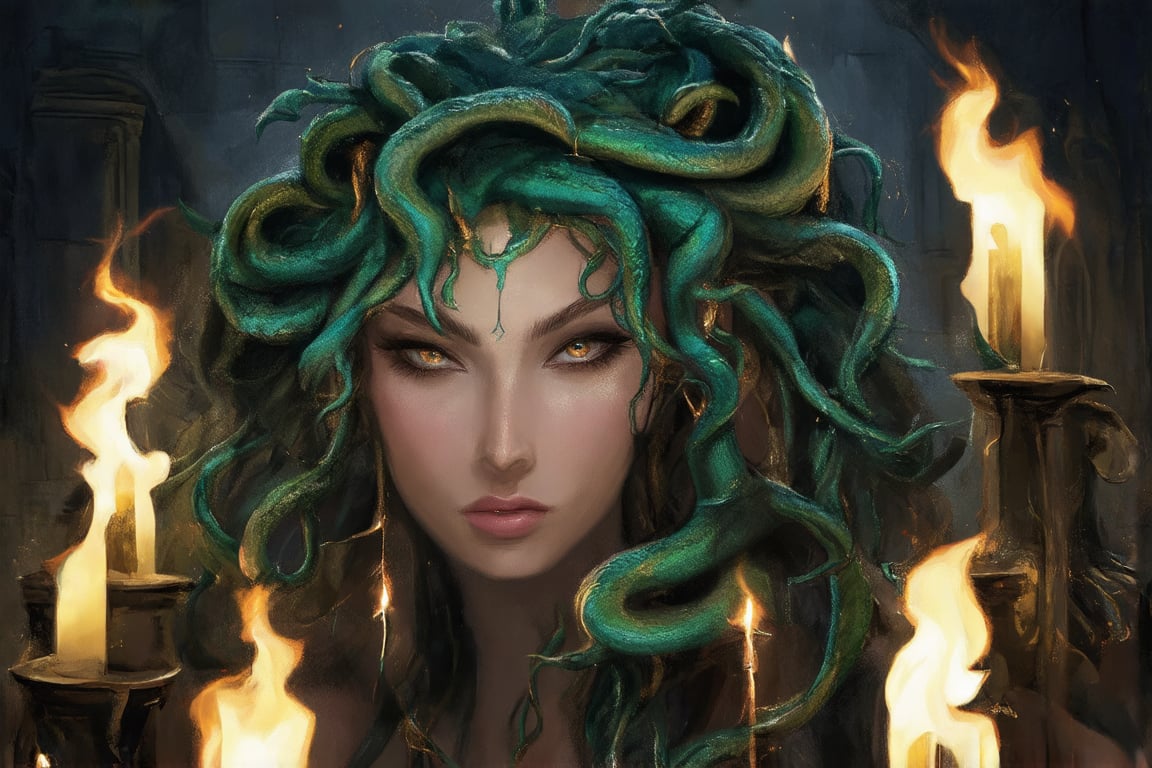 Medusa's piercing gaze dominates the frame, set against a backdrop of ancient ruins shrouded in darkness. Flickering torches cast eerie shadows, highlighting the serpent-hair that wraps around her face like living vines. Her eyes blaze with inner fire as she stands defiantly, the camera's low angle emphasizing her towering presence. The air is heavy with foreboding, her unyielding determination palpable.