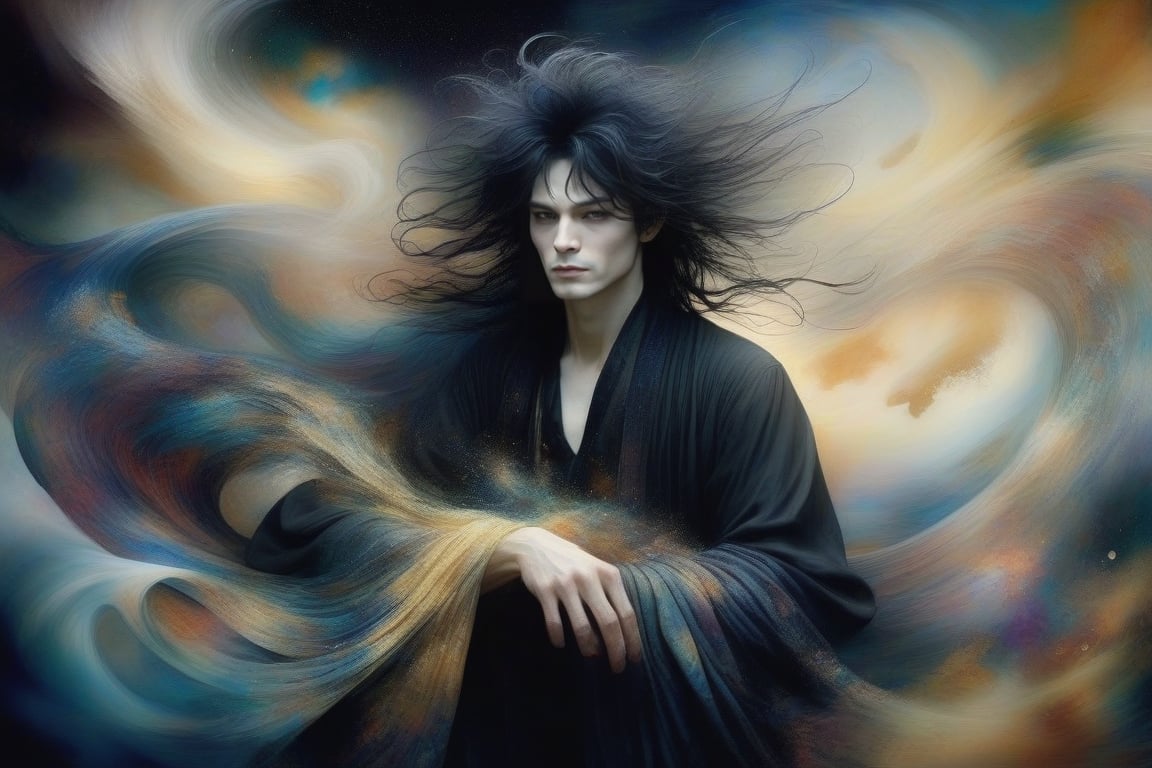 please create a fantastical painting (imagining “dream of the endless” from the series sandman), ( gaiman, dave mckean, bill sienkiewicz), dream appears as a thin goth man with a wild messy rockstar black hair, high cheekbones and palest skin, he is wearing a robe cloaking him in dreams, he is shaping the world of the dreaming, creating new dreams and nightmares, shapes flow into each other in ethereal ways symbolizing the half-formed mercurial nature of how we experience dreams, the colors are rich, there is a variety of textures, the image combines digital and traditionsl painting techniques to create visual intrigue, dramatic, cinematic lighting,Decora_SWstyle,ink 