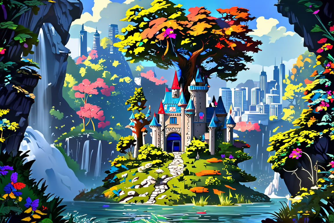 magical fae wild forest city surrounded by cliffs and waterfalls with multicolor trees, massive tree in the center and huge castle
