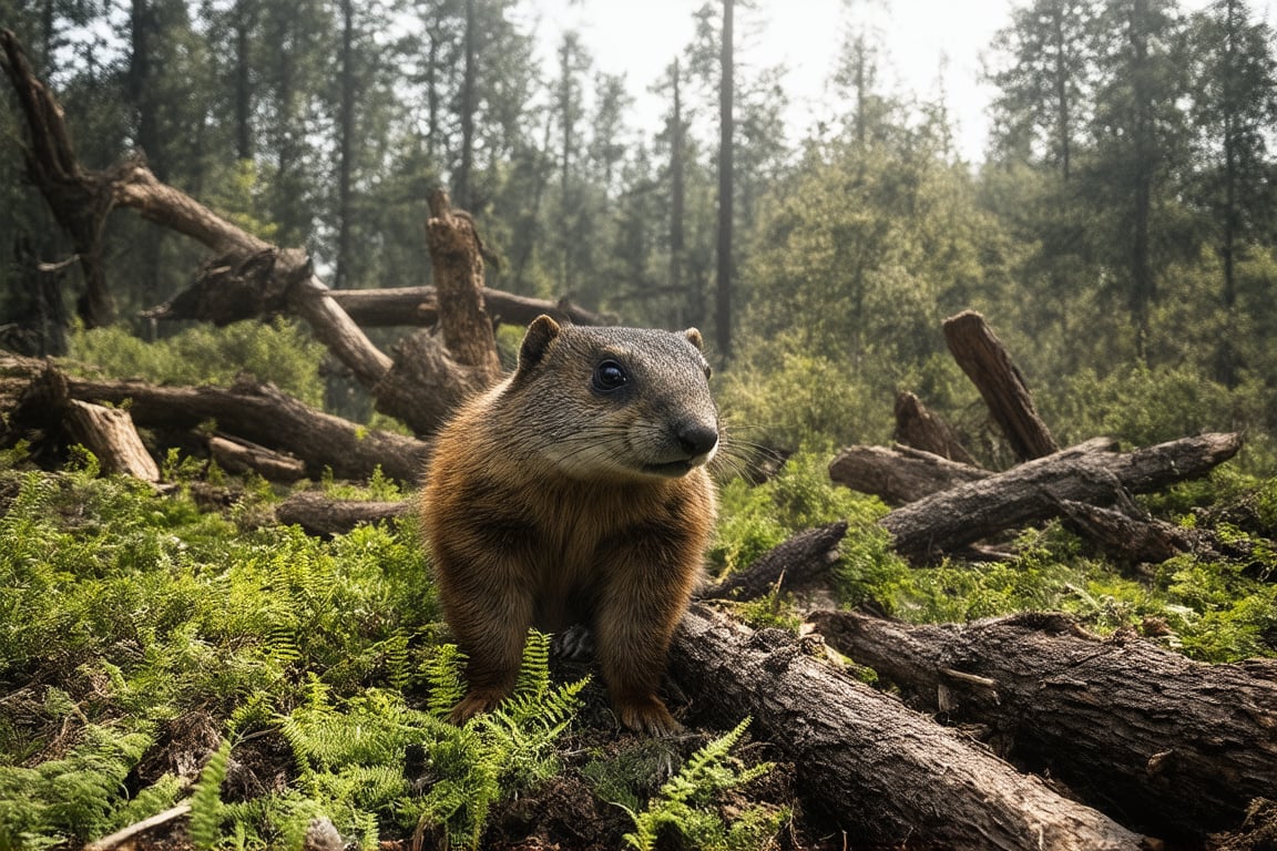 A close-up shot of the marmot's furious face, chainsaw revving in the background, dominates the frame. The camera cuts to a wide shot of the devastated forest, revealing the marmot's chaotic destruction: splintered tree trunks lie scattered, ferns and bushes ravaged, as if a tornado had torn through. The sun casts long shadows across the desolate landscape, highlighting the absurdity of this once-peaceful creature's destructive rampage.