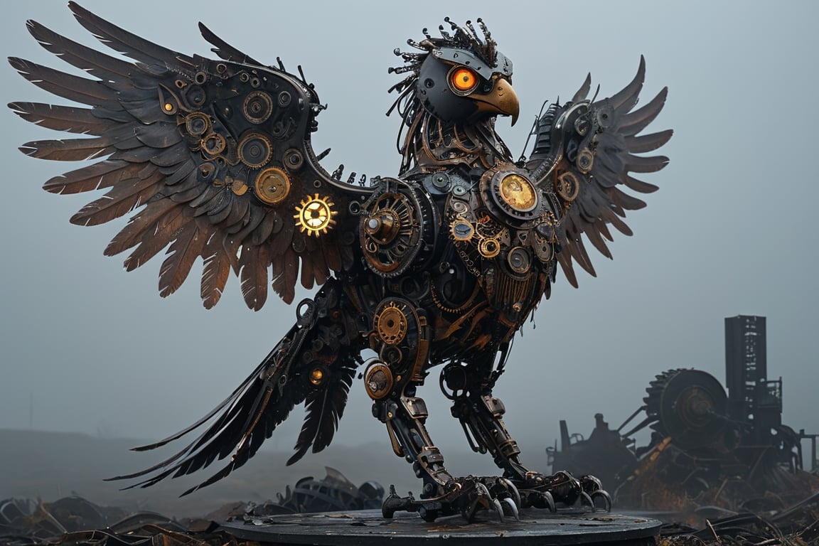 A griffin,made from gears rusted metal, and glowing parts, with its wings spread wide. The griffin's body is an intricate assembly of interlocking gears and corroded metal plates, giving it a rugged, industrial appearance. Its eyes and certain joints feature glowing, luminescent elements that pulse with an eerie light. The wings, constructed from overlapping metal feathers, are extended majestically, each feather adorned with tiny, glowing circuits. The background is a dark, misty landscape with hints of ancient ruins, enhancing the mythical and mechanical nature of this fantastical creature,adding to the steampunk atmosphere.",Mechanical