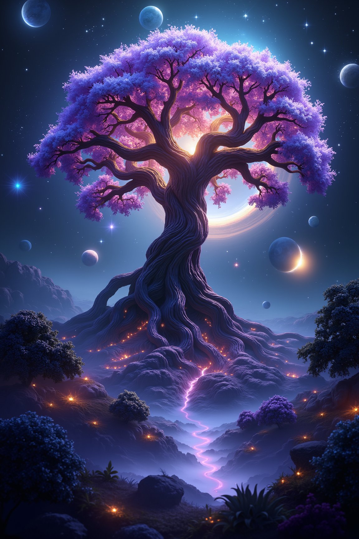 A 4K, realistic, fantasy image of a majestic Pohon dunia semesta (Tree of the Universe), with intricate, glowing roots extending into a cosmic landscape. The tree's branches are adorned with shimmering, otherworldly leaves, and celestial bodies float around it. The scene is bathed in soft, ethereal light, with a wide shot capturing the awe-inspiring scale and mystical atmosphere.