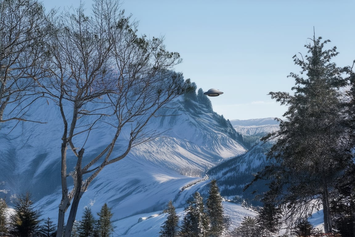 Scenic photo definition and detail of UFO sightings in the Ural Mountains in Russia,hyperrealistic,eco-friendly train,FuturEvoLabCity