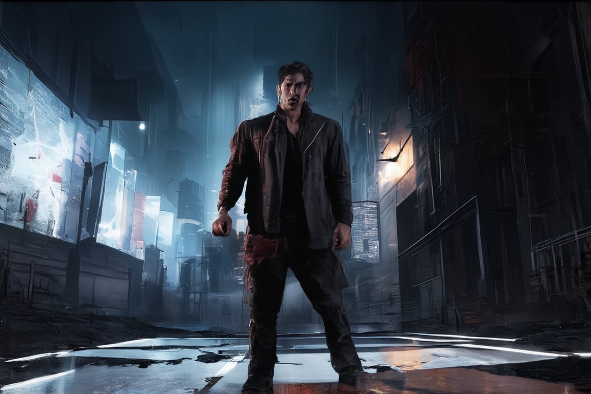 A gritty and intense scene: a figure, lit by harsh overhead lighting, stands defiantly amidst a desolate urban backdrop. The subject's determined gaze fixes on something just out of frame, as they clench their fist around a worn notebook. In the foreground, a city map appears torn, with red ink scrawling Amparo appeal in bold strokes. The atmosphere is charged with tension and defiance.