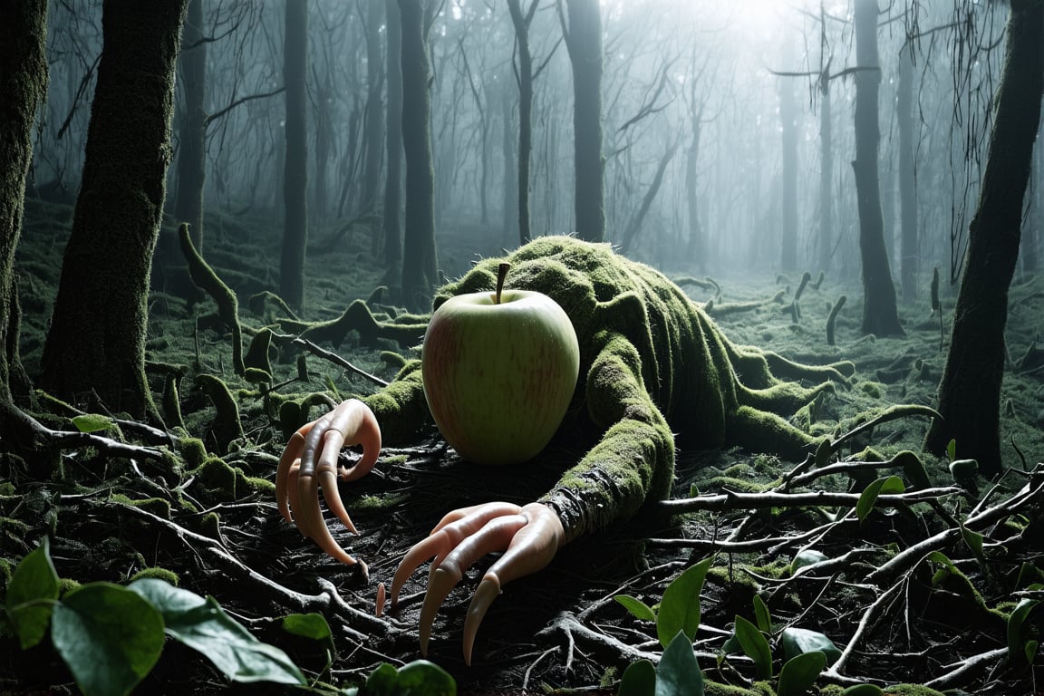 In a dense, fog-shrouded forest, a hyperrealistic photography captures a haunting scene: a grotesque, apple-like monster lies sprawled on the forest floor, its core transformed into claw-like branches that reach for the air. The creature's (((Shiny eyes))) gleam with an unearthly intensity, while its (((sharp teeth))) appear poised to strike. Amidst the fallen leaves and moss-covered terrain, a sense of foreboding settles over the viewer, as if placed in a position of vulnerability alongside this unsettling, anthropomorphic being.