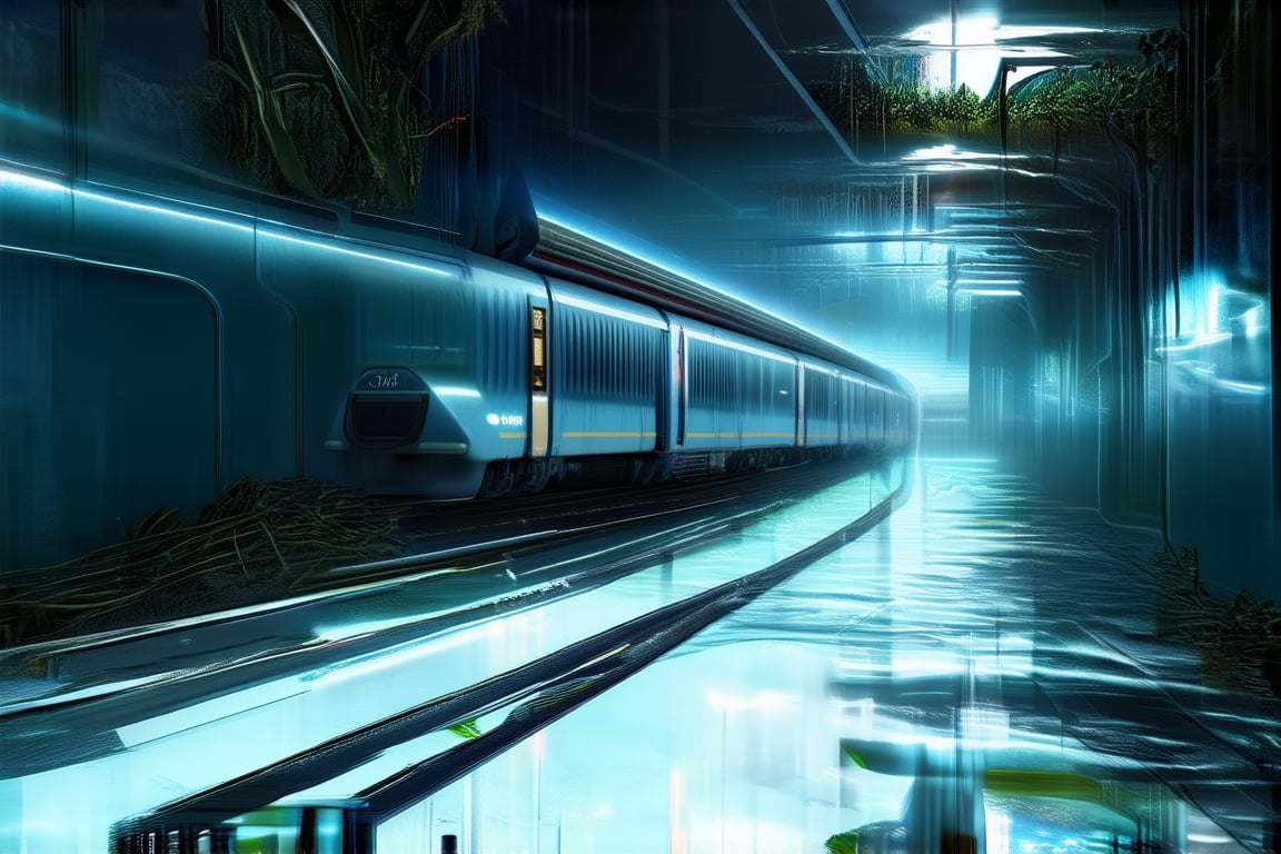 A futuristic underwater scene: a subway train glides smoothly through a transparent glass tunnel, surrounded by the vast expanse of ocean water. The sunlight from above casts an eerie glow, illuminating the sleek train and rippling the seaweed-like tendrils swaying in the current.