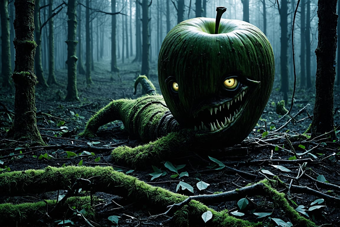 In a dark, foggy forest, a hyperrealistic photography captures an eerie and horror-filled scene: a twisted, apple-like monster creature sprawls across the forest floor, its core now home to claw-like branches that grasp at the air. (((Shiny eyes))) glimmer with an otherworldly intensity, while (((sharp teeth))) seem ready to strike. The fallen leaves and moss-covered ground create an atmosphere of foreboding, dark, eerie as the low-angle shot places the viewer in a position of vulnerability alongside this unsettling, anthropomorphic being.