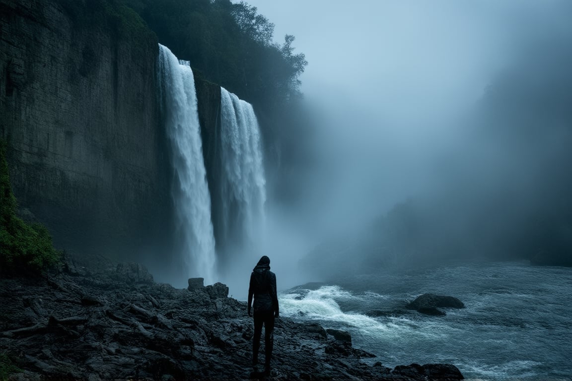 A hauntingly beautiful scene unfolds: Cataratas Malditas - a cursed waterfall deep within the mystical forest. Framed against the dark, misty veil of twilight, the cataract's roaring torrent crashes down upon the rocky shore. The lighting is eerie, with an otherworldly glow emanating from the falls' mist-shrouded heart. In the foreground, twisted tree roots writhe like skeletal fingers, while in the distance, ancient ruins whisper secrets to the wind. A lone traveler, shrouded in mystery, stands poised at the water's edge, as if summoned by the falls' mystical energies.