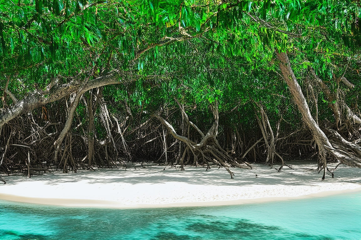 A majestic mangrove forest sprawls along the vibrant coastline of the Maya Riviera, with towering trunks and twisted roots tangled in a tapestry of emerald green. The warm sunlight filters through the dense foliage, casting dappled shadows on the sandy beach below, where a few wispy clouds drift lazily across the cerulean sky.