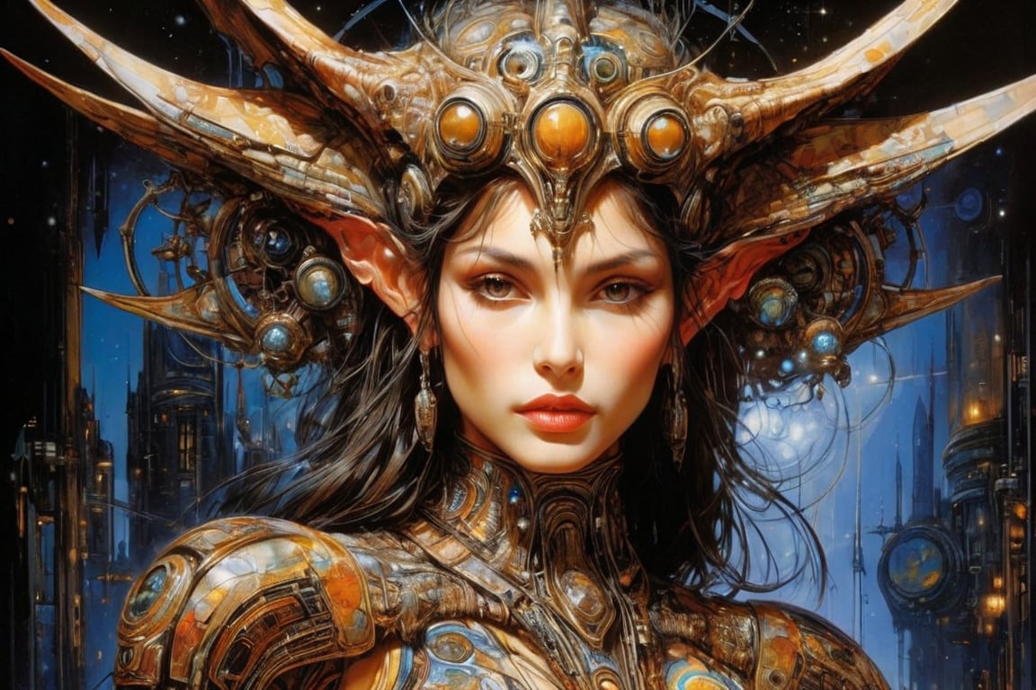 art by Masamune Shirow, art by J.C. Leyendecker, art by simon bisley, art by ralph steadman, a masterpiece, stunning beauty, hyper-realistic oil painting, star wars alien creatures, a portrait picture, incredible detail, fantasy portrait, smooth skin,  kaleidoscope graffiti background,