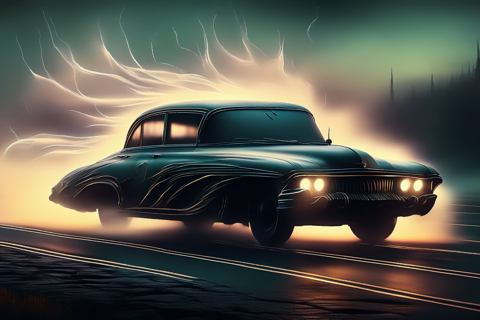 A ghostly sedan drifts eerily along a deserted highway at dusk, headlights flickering like fireflies in the misty veil of darkness. The vehicle's translucent form seems to dissolve into the fog, leaving only an ethereal outline behind.