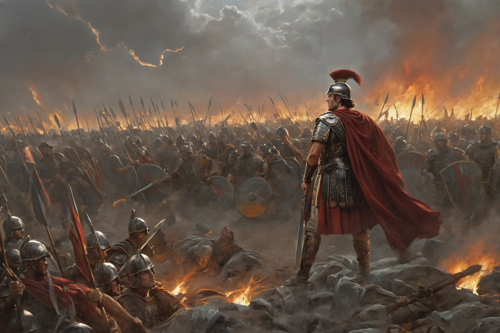 In this intriguing image, we see a fierce and determined Roman Empire war general, positioned at the front line, ready to lead his army into battle against the opposing forces. The general's commanding presence is intensified by the backdrop of the newly descended dusk, casting a subtle, ethereal light upon the scene. The army of angry Roman warriors stands resolutely behind their leader, their expressions reflecting their unwavering loyalty and readiness for war. This captivating image, perhaps an intricately detailed painting, showcases the intensity and passion of the moment, transporting viewers to a pivotal point in history where the fate of the empire hangs in the balance.,ghost person