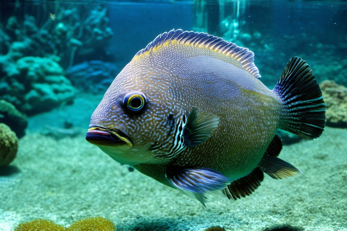 Spectacular photo of a giant puffer fish in a tourist aquarium, the photo takes place on a sunny day where there is a lot of definition and detail, the image is in 4k