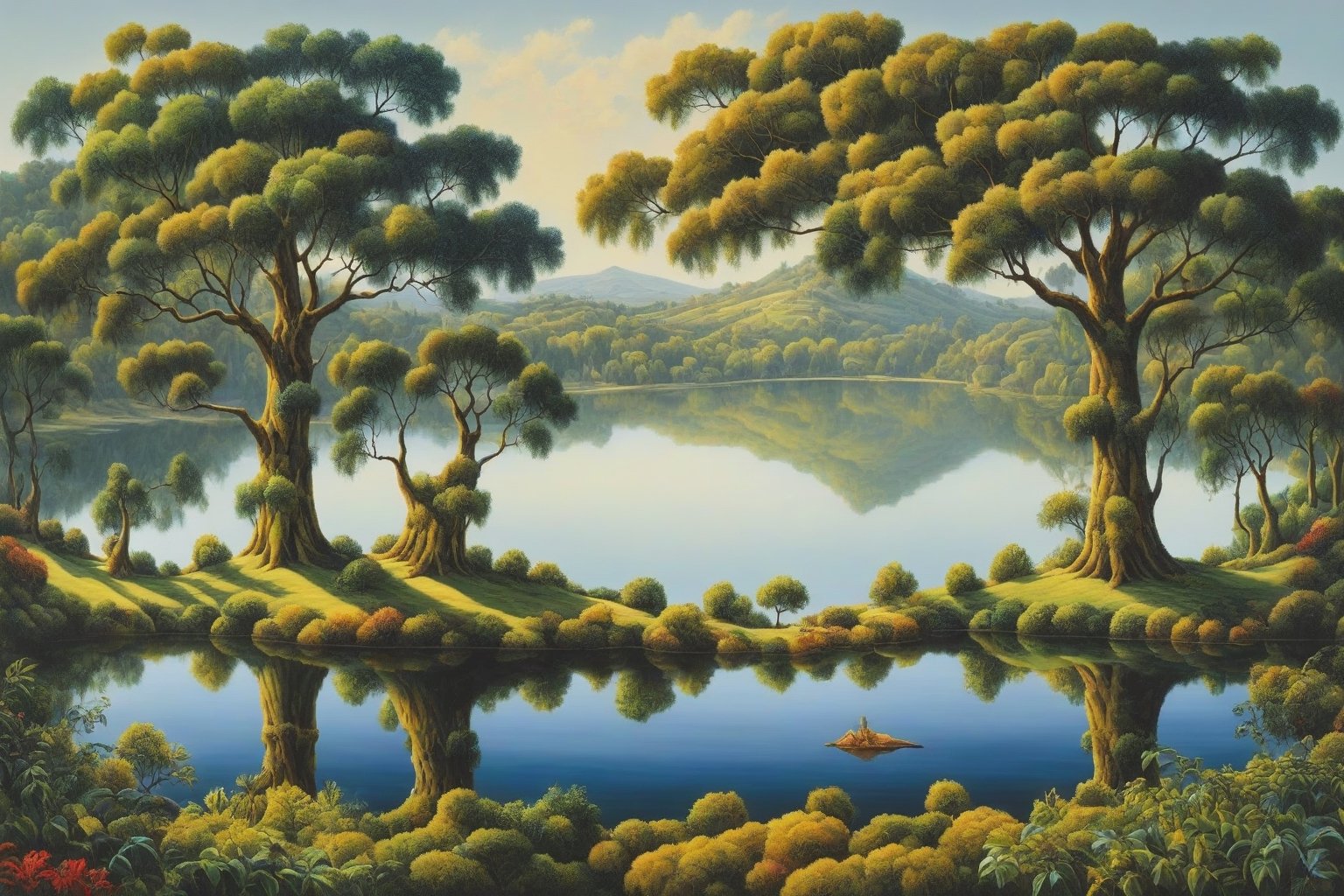 un paisaje de un lago con arboles con el estilo de salvador dali
