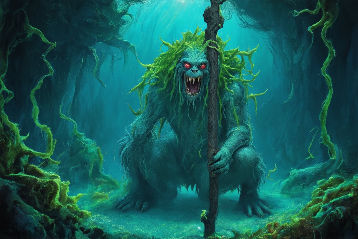 A hauntingly eerie underwater lair, lit by an eerie blue-green glow, reveals a grotesque witch-like creature. The beast's wrinkled, greenish-gray skin appears to be covered in slimy seaweed, with bulging, bloodshot eyes and razor-sharp teeth. Its long, spindly fingers grasp a gnarled, ancient-looking staff, as it crouches amidst a tangle of coral and kelp, the darkness of the ocean floor seeming to amplify its malevolent aura.