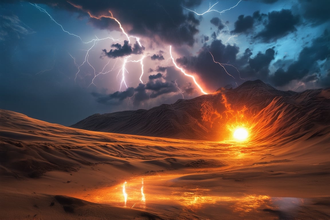 A desert storm unfolds as a swirling vortex of sand devours the landscape. A fiery sun beats down, casting an otherworldly glow on the tempest. The air is electric with anticipation as a bolt of lightning illuminates the darkening sky, followed by thunderous booms that shake the ground. Dunes writhe and twist like snakes as the storm's fury intensifies, burying all in its path beneath a churning sea of golden sand.