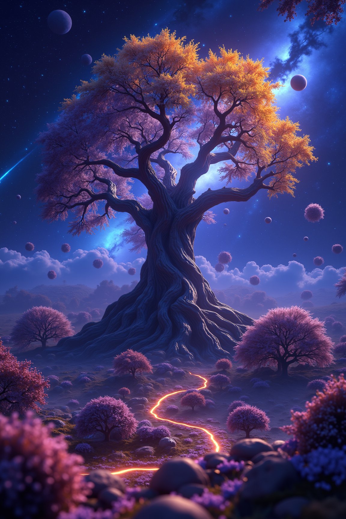 A 4K, realistic, fantasy image of a majestic Pohon dunia semesta (Tree of the Universe), with intricate, glowing roots extending into a cosmic landscape. The tree's branches are adorned with shimmering, otherworldly leaves, and celestial bodies float around it. The scene is bathed in soft, ethereal light, with a wide shot capturing the awe-inspiring scale and mystical atmosphere.