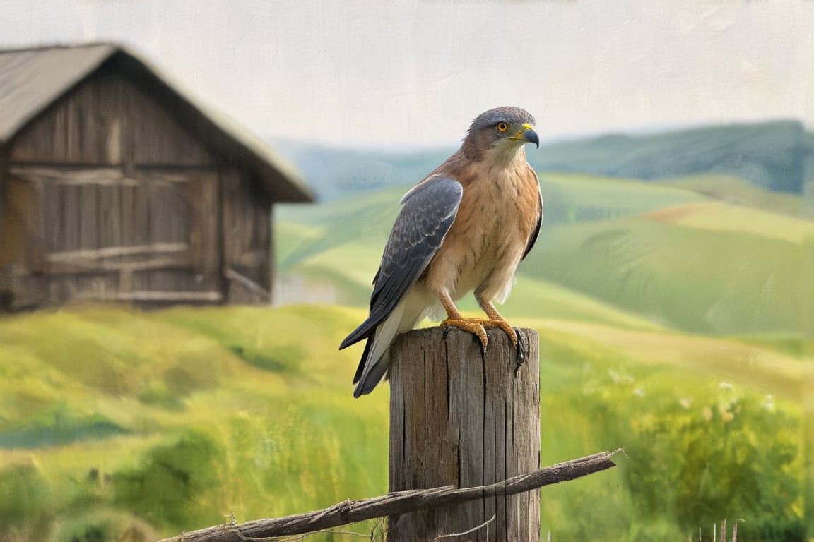 A majestic hawk perches atop a weathered wooden fencepost, its piercing gaze scanning the rolling hills and verdant fields below. The warm sunlight casts a gentle glow on its feathers, accentuating their mottled brown and gray tones. In the background, a rustic barn door creaks slightly in the breeze, adding to the scene's rustic charm.