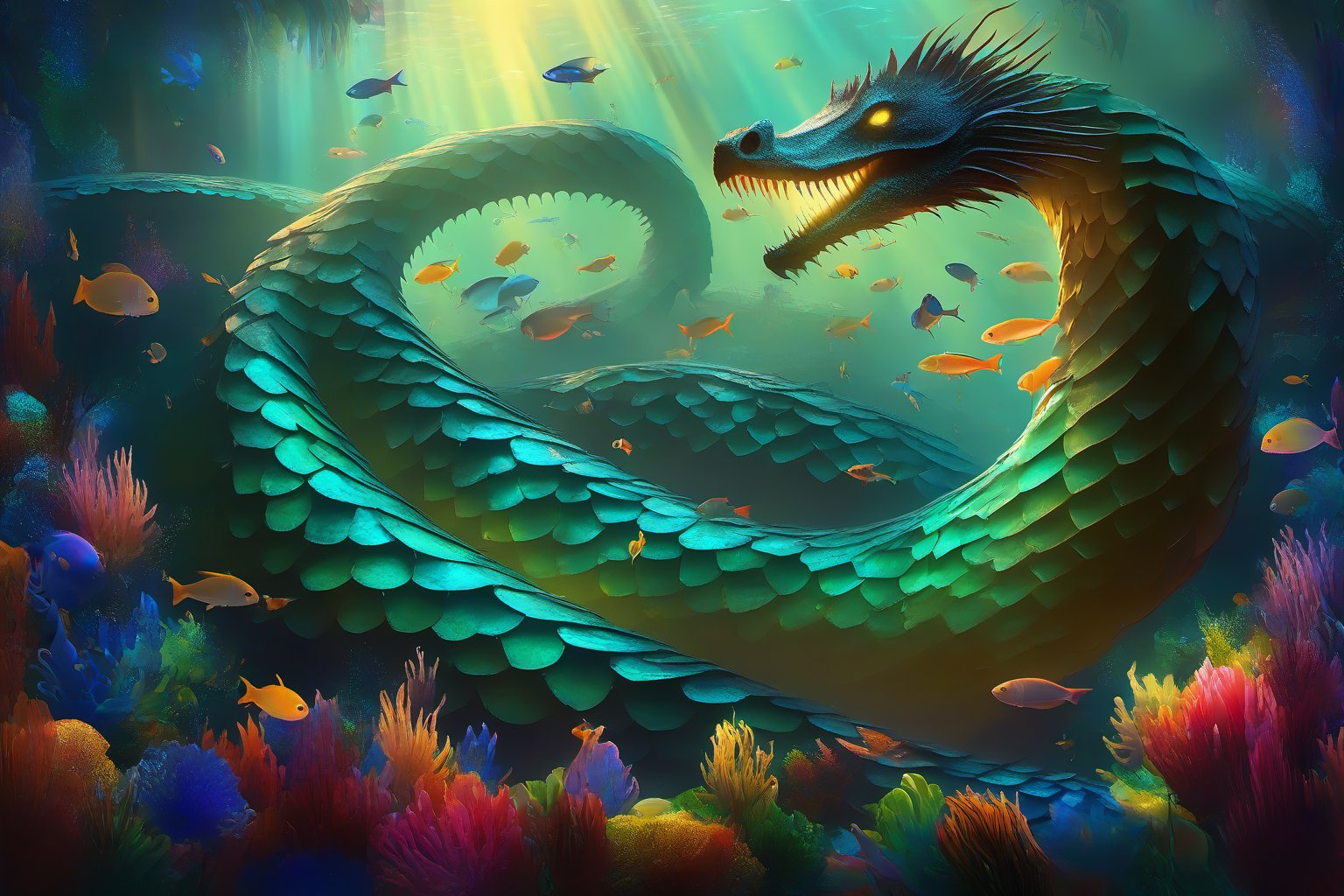 Vibrant colors of a massive sea serpent, Culebra gigante, undulates through crystal-clear waters. Rays of sunlight refract off its scales, casting a kaleidoscope of blues and greens across the seafloor. The majestic creature's body tapers to a point as it glides effortlessly, surrounded by schools of tiny fish darting in and out of its serpentine coils.