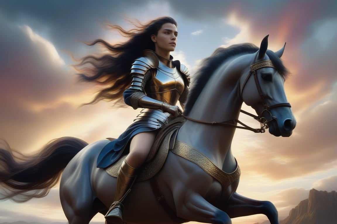 In a majestic, high-concept scene, a medieval herald woman in dark armor rides a horse against a dramatic, triadic-colored sky. Her dark hair flows wildly, punctuated by punk-inspired spikes, as her gaze meets the camera's. The frame is divided into perfect golden ratio proportions, with the subject positioned at the apex. Soft natural lighting casts subtle shadows, while volumetric lighting adds depth and dimensionality. Every detail, from the intricate armor plating to the woman's smooth skin, is rendered in hyper-realistic 8K detail, as if painted by Caravaggio or Greg Rutkowski. The overall effect is a masterpiece of cinematic concept art, perfect for trending on ArtStation and CGSociety.