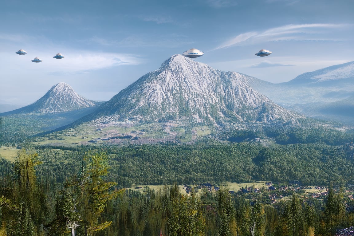 Scenic photo definition and detail of UFO sightings in the Ural Mountains in Russia,hyperrealistic,eco-friendly train,FuturEvoLabCity