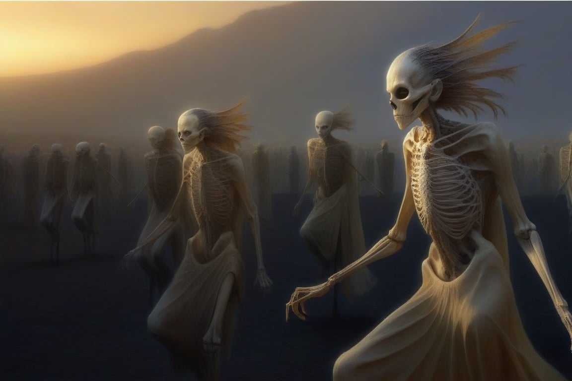 A warm atardecer light casts a golden glow on the skeletal remains of Ciervos and Cuervos, their bony bodies arranged in a macabre dance amidst the Flores that have begun to wilt, against the backdrop of a desolate landscape with Moustros looming large in the background, its esqueletos-like wings spread wide as if guarding the fading light, shadows dancing across the terrain as the sun dips below the horizon.