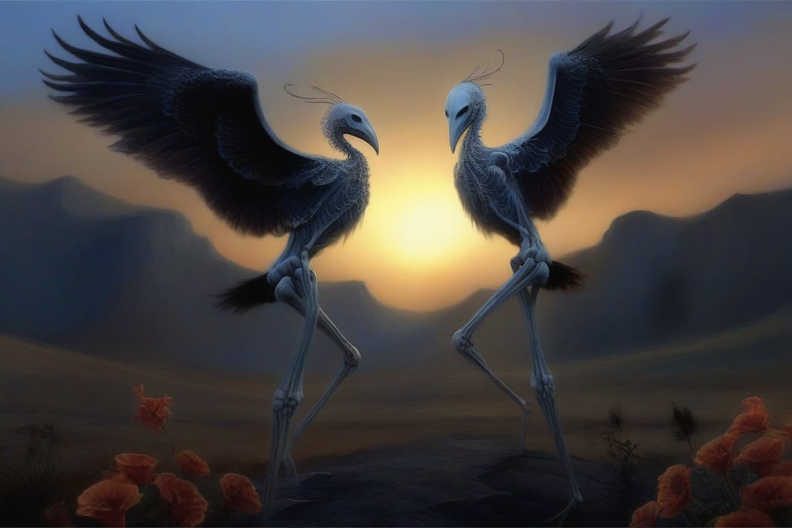 A warm atardecer light casts a golden glow on the skeletal remains of Ciervos and Cuervos, their bony bodies arranged in a macabre dance amidst the Flores that have begun to wilt, against the backdrop of a desolate landscape with Moustros looming large in the background, its esqueletos-like wings spread wide as if guarding the fading light, shadows dancing across the terrain as the sun dips below the horizon.