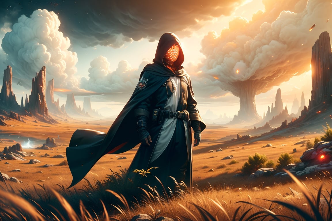 A futuristic Space Pirate with an advanced sward, wearing black and white robes with a hooded cape, a face mask with glowing red eyes, in a sci-fi setting in the wilderness of a planet comfortably hidden by grasses and plants, in the style of unreal engine. --ar 4:6 --s 150 --c 10 --v 6.0