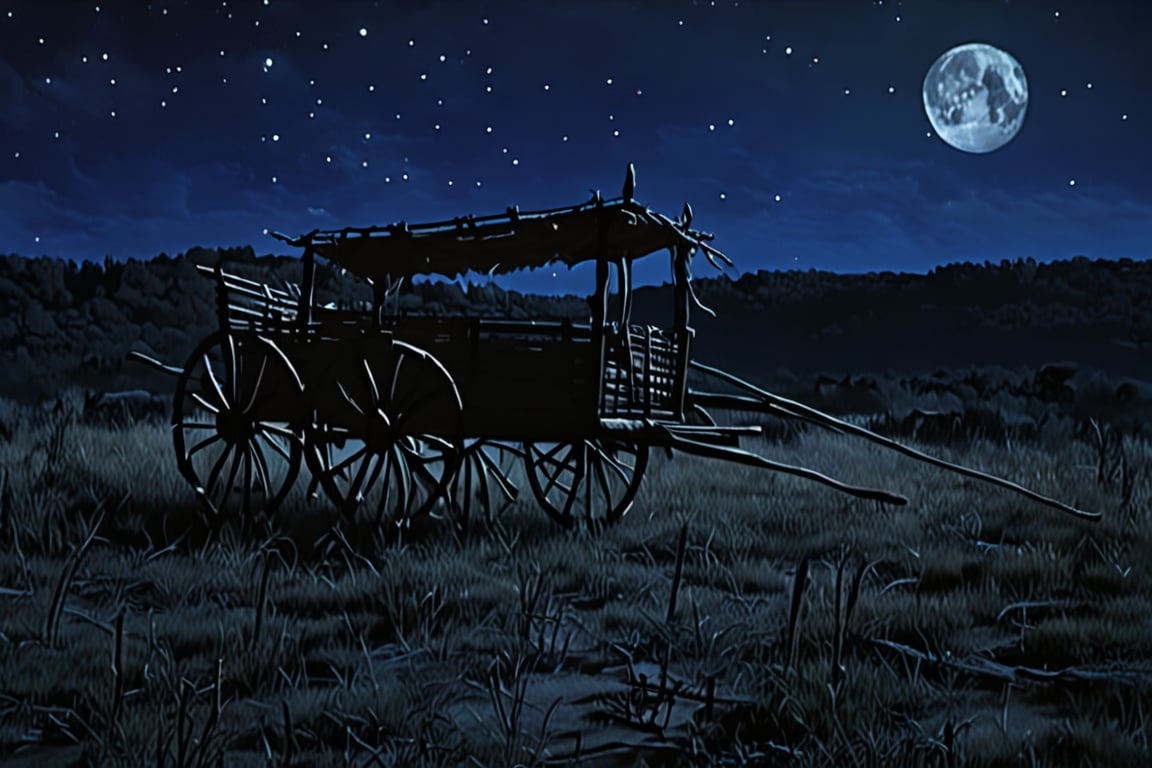 A lone cart, devoid of its former burden, traverses a desolate, moonless night. The cart's wooden slats are eerily adorned with a ghostly outline of skeletal remains, a haunting reminder of the absent oxen that once pulled it. Shadows dance across the barren landscape as the cart moves forward, leaving an unsettling trail in its wake.