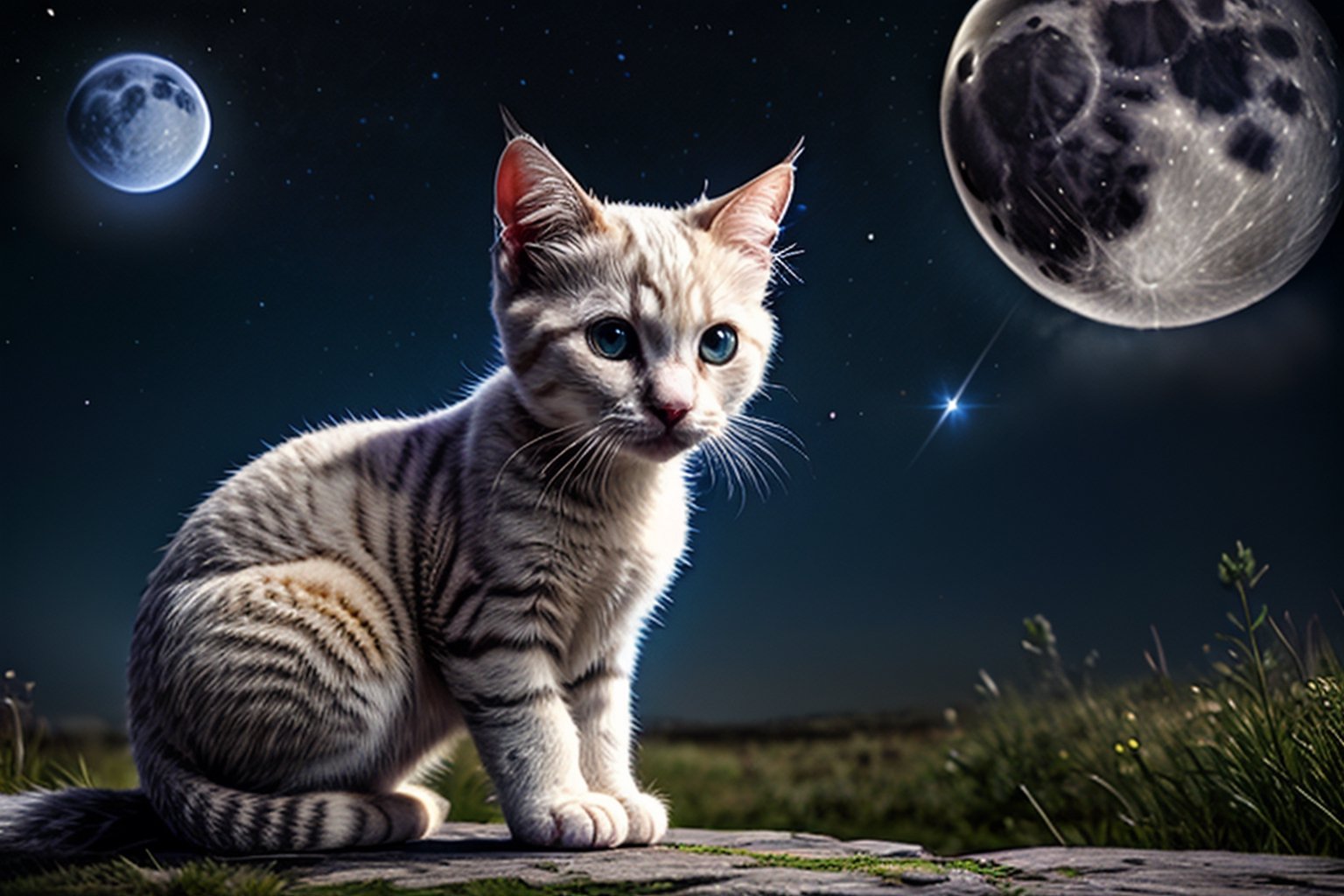 a white little cat looking at the stars in the moon, digital art