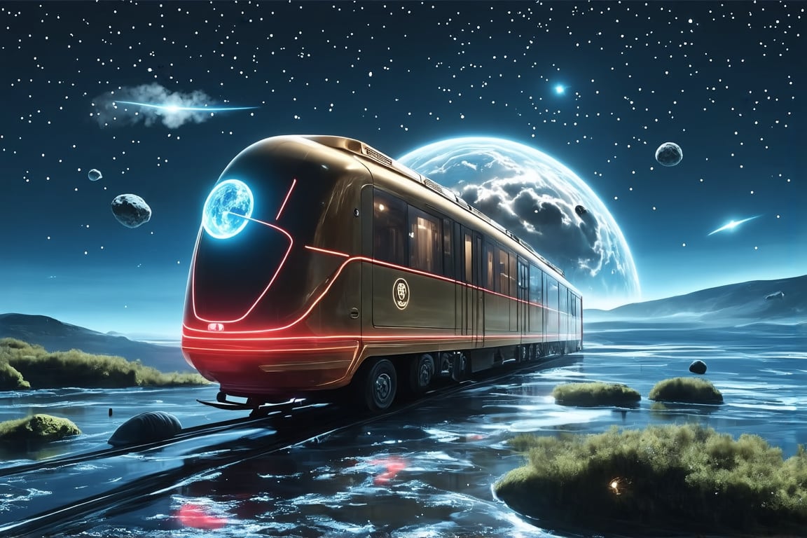 Galaxy Express 999, majestic space train, cosmic railway, starry background, nebulae and colorful galaxies, retro-futuristic locomotive design, gleaming metallic exterior, red and gold accents, steam-like energy trail, glass observation dome, visible passenger cars,, passing comets and asteroids, planet silhouettes on horizon, twinkling stars, cosmic dust clouds, ethereal glow around train, vintage sci-fi aesthetic, ,eco-friendly train,hyperrealistic,