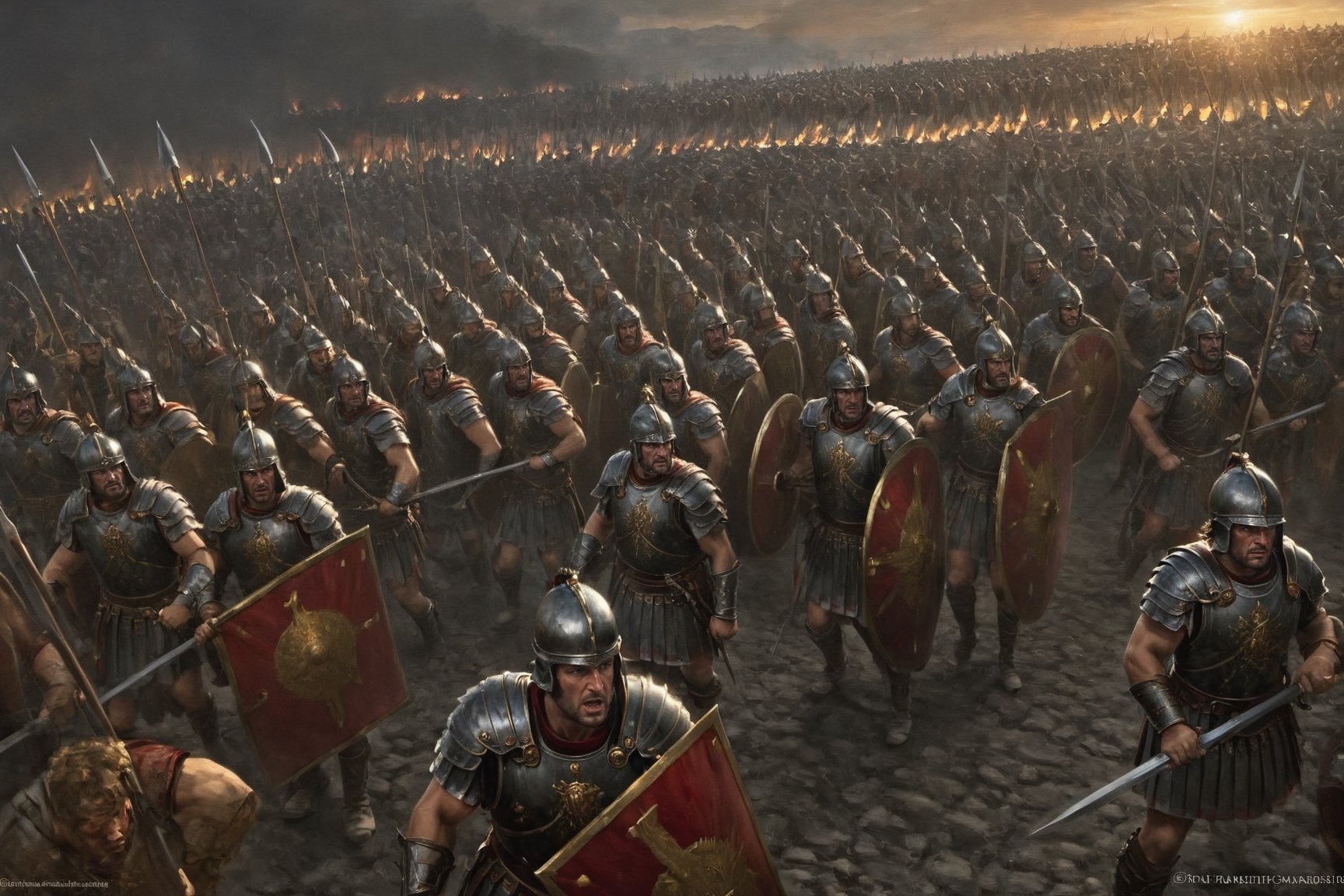 In this intriguing image, we see a fierce and determined Roman Empire war general, positioned at the front line, ready to lead his army into battle against the opposing forces. The general's commanding presence is intensified by the backdrop of the newly descended dusk, casting a subtle, ethereal light upon the scene. The army of angry Roman warriors stands resolutely behind their leader, their expressions reflecting their unwavering loyalty and readiness for war. This captivating image, perhaps an intricately detailed painting, showcases the intensity and passion of the moment, transporting viewers to a pivotal point in history where the fate of the empire hangs in the balance.