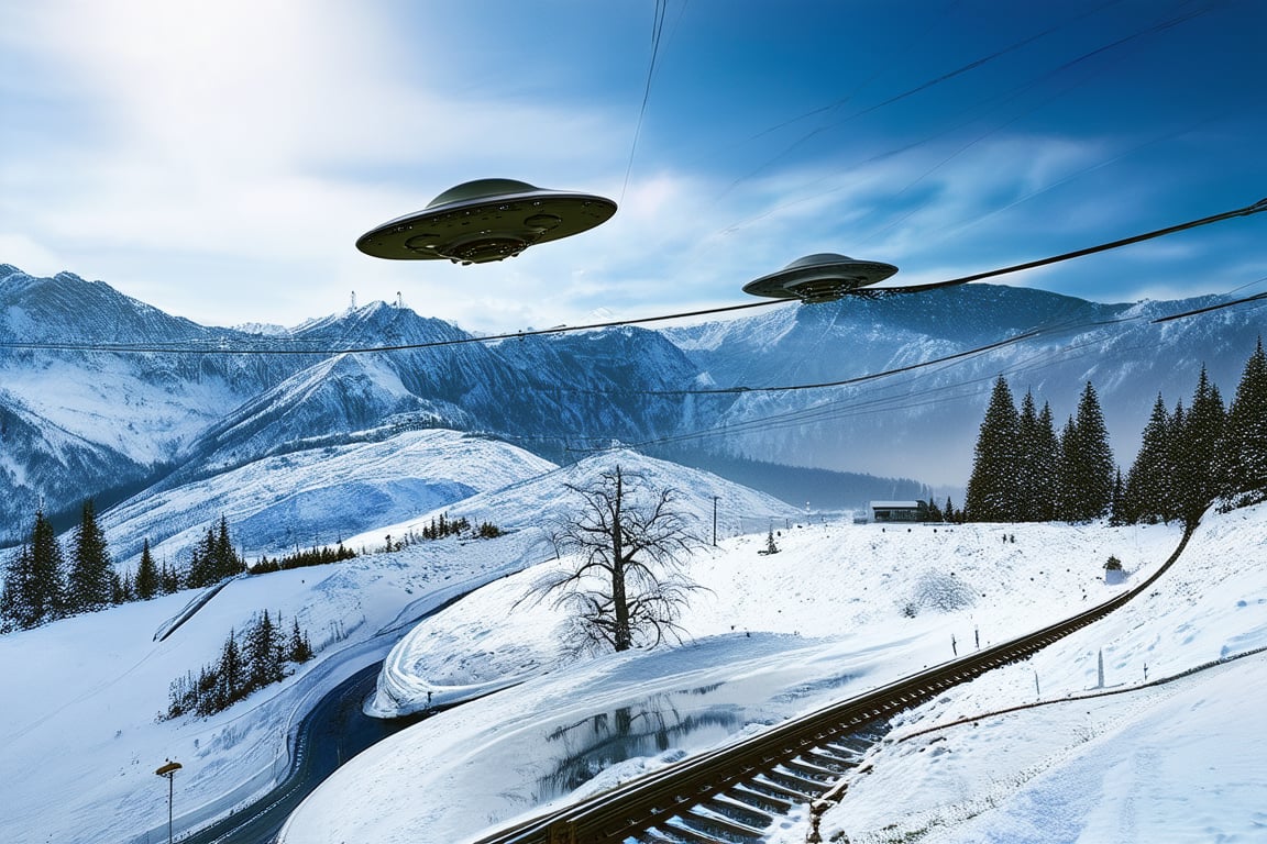 Scenic photo definition and detail of UFO sightings in the Ural Mountains in Russia,hyperrealistic,eco-friendly train,FuturEvoLabCity