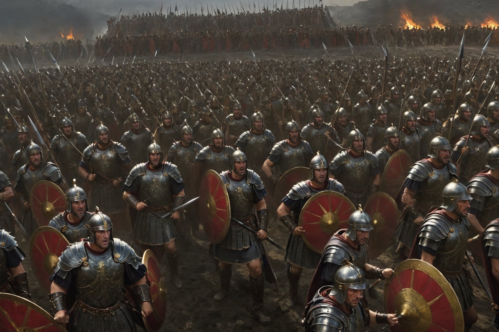 In this intriguing image, we see a fierce and determined Roman Empire war general, positioned at the front line, ready to lead his army into battle against the opposing forces. The general's commanding presence is intensified by the backdrop of the newly descended dusk, casting a subtle, ethereal light upon the scene. The army of angry Roman warriors stands resolutely behind their leader, their expressions reflecting their unwavering loyalty and readiness for war. This captivating image, perhaps an intricately detailed painting, showcases the intensity and passion of the moment, transporting viewers to a pivotal point in history where the fate of the empire hangs in the balance.