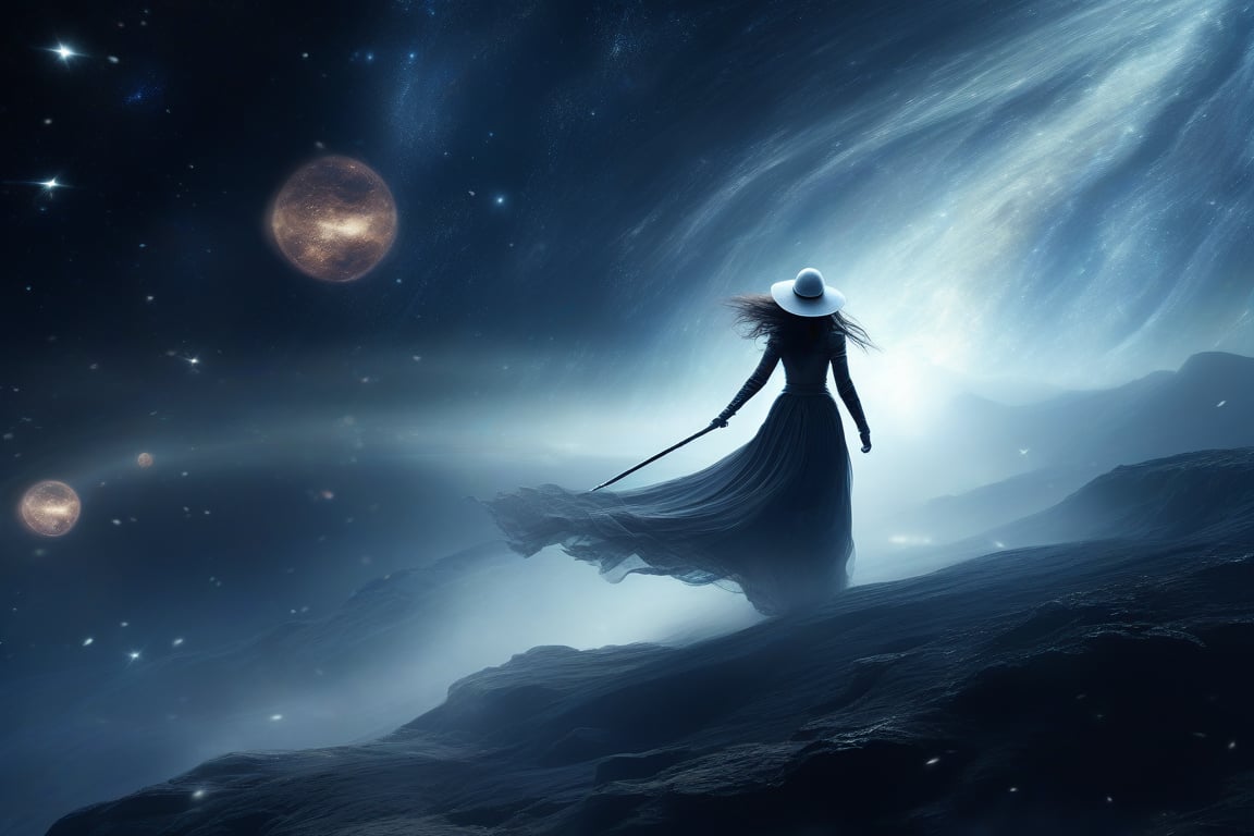 A mystical, grotesque witch glides effortlessly on her staff-limbus through the vast expanse of space, navigating amidst swirling comet tails and fleeting starlight. With an uncanny ability, she weaves a path through the celestial canvas, surrounded by shimmering stardust and ethereal mist. Shot in stunning full HD and 4K, the image is rendered with breathtaking clarity and texture.